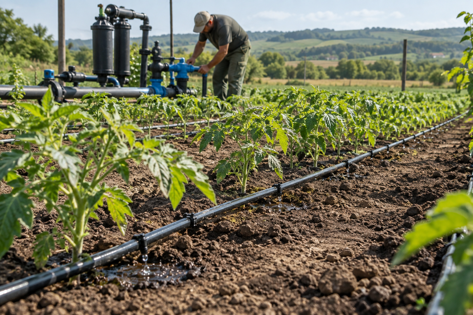 Sistem de irigare prin picurare utilizat într-o cultură de legume dintr-o fermă