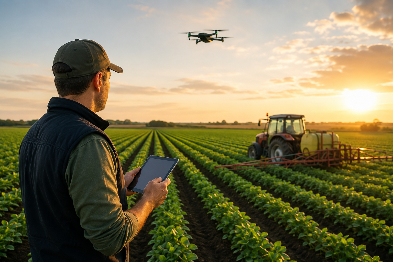 Fermier folosind tehnologii digitale pentru monitorizarea unei culturi agricole