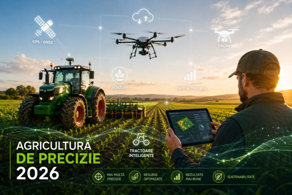Agricultura de precizie 2026 cu tractor inteligent, dronă și senzori agricoli
