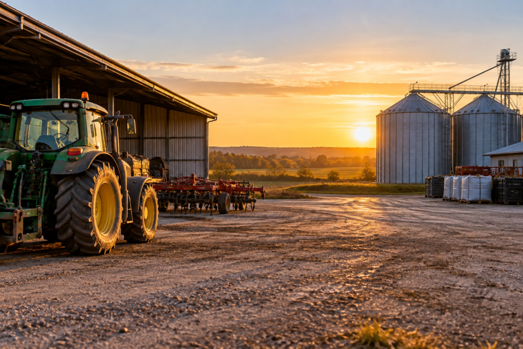 Fermă agricolă pregătită pentru iarnă, cu tractor, utilaje și silozuri