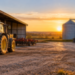 Fermă agricolă pregătită pentru iarnă, cu tractor, utilaje și silozuri