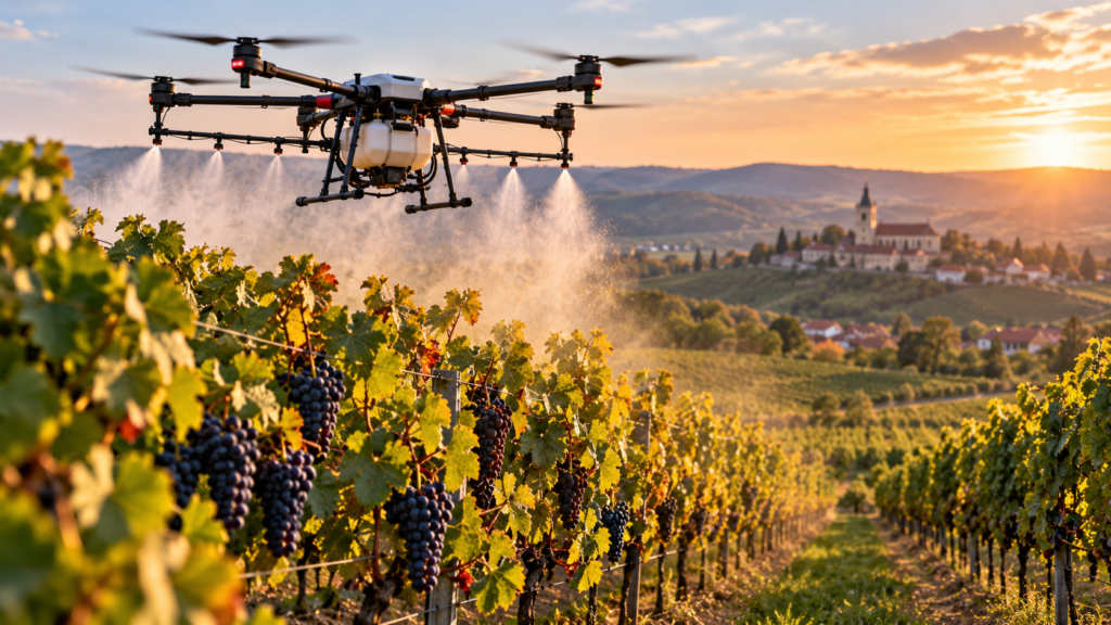 Dronă agricolă folosită pentru tratamente într-o plantație viticolă