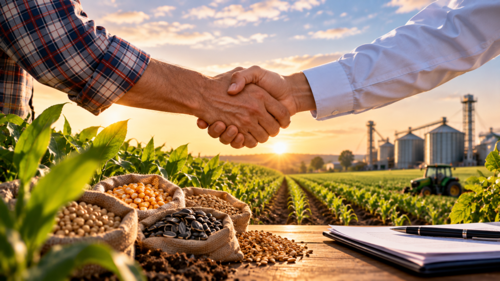 Parteneriat între două companii din agricultură, ilustrat printr-o strângere de mână, semințe și o fermă