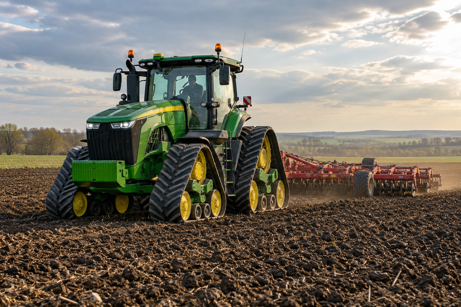 Tractor agricol de mare putere pe patru șenile executând lucrări grele de prelucrare a solului
