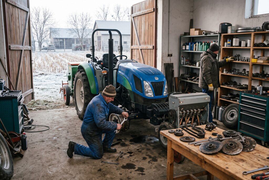 Revizia unui tractor într-un atelier agricol în perioada de iarnă