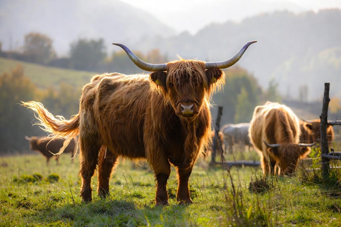 Vaca Highland pe o pășune de toamnă, cu blană lungă și coarne caracteristice rasei