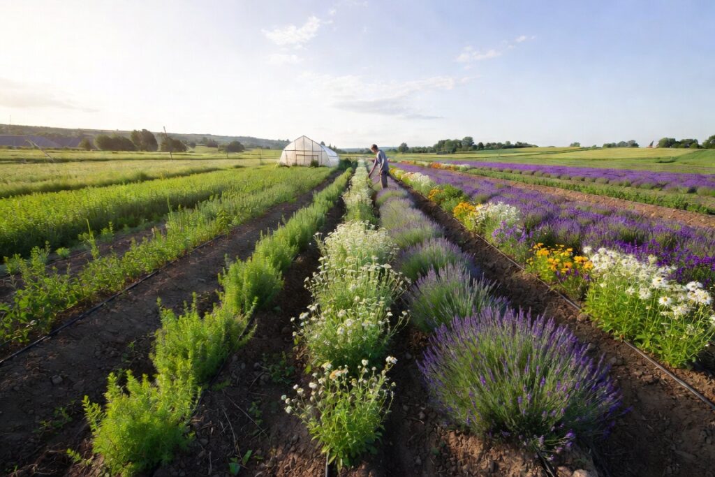 DR-18 plante medicinale, culturi de plante aromatice și flori într-o fermă modernă
