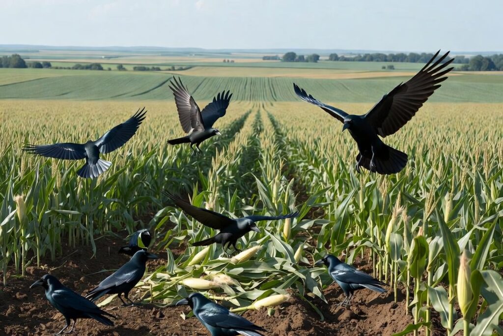 Ciorile în culturile agricole, într-un lan de porumb afectat de atacul păsărilor
