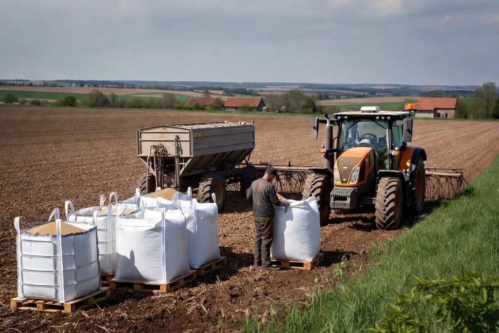 Fermier din România pregătind îngrășămintele pentru lucrările agricole de primăvară