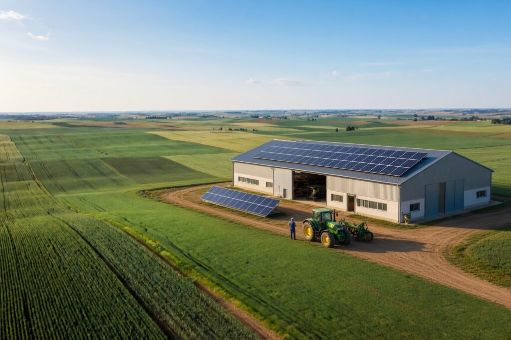 Energie solară în agricultură, cu panouri fotovoltaice instalate într-o fermă modernă