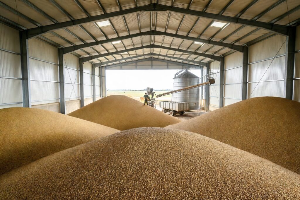 Cereale depozitate într-un siloz modern după recoltare, într-o exploatație agricolă
