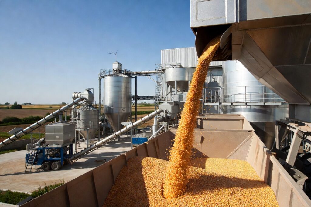Porumb descărcat într-o unitate modernă de procesare și producție de amidon din România